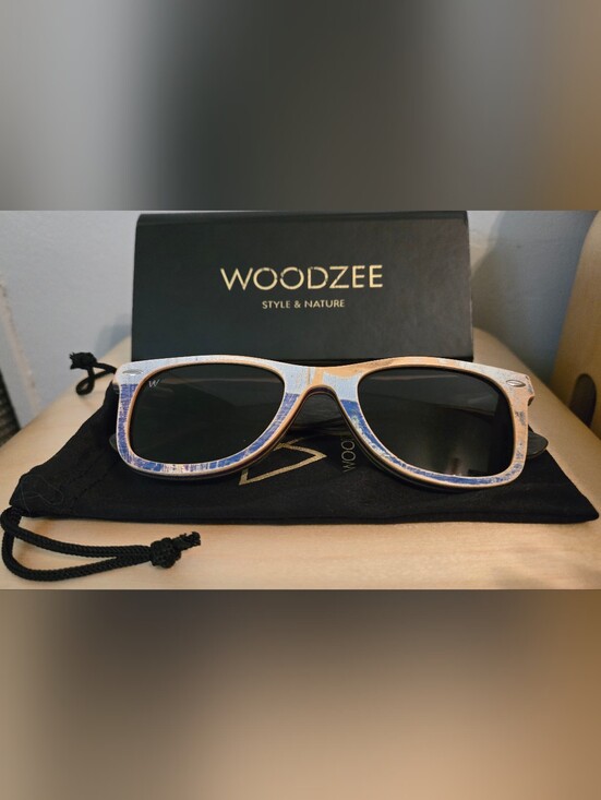 Woodzee Accessories - Woodzee Blue/Green/Tan Wood Reclaimed Skateboard Sunglasses S/M